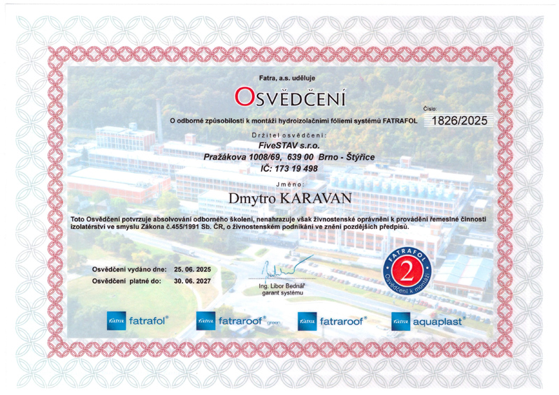 Certifikát FiveSTAV
